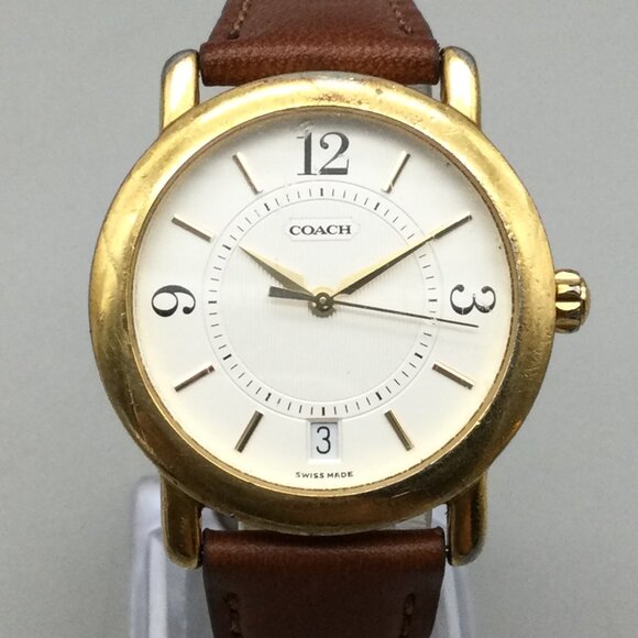Coach Watch Women 34mm Gold Tone Date Swiss Made Leather Band New Battery - Picture 1 of 15